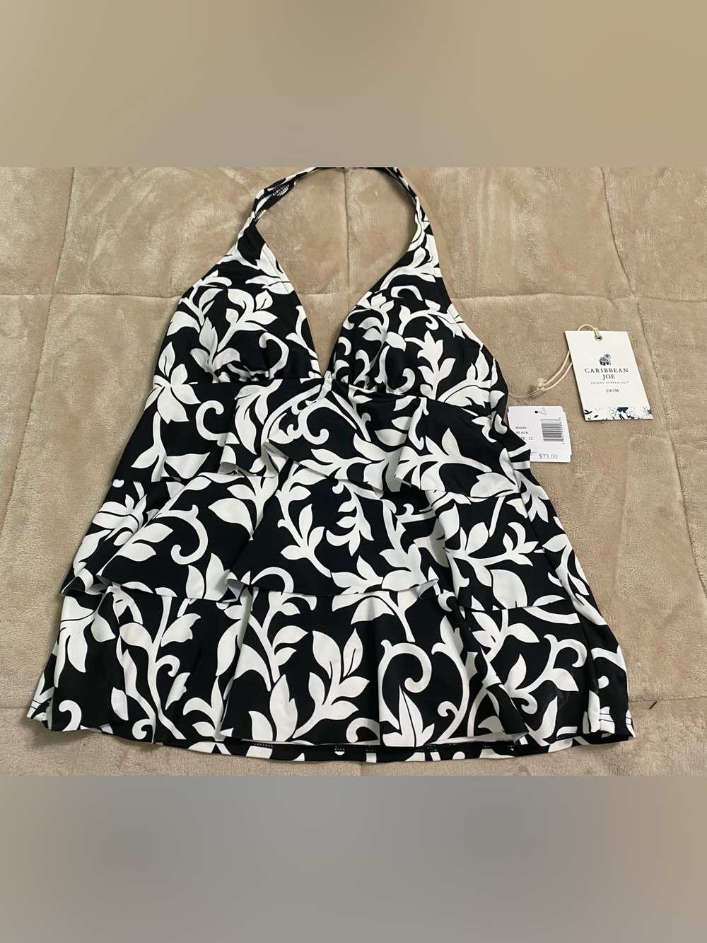Caribbean Joe Black & White Floral Halter One-Piece